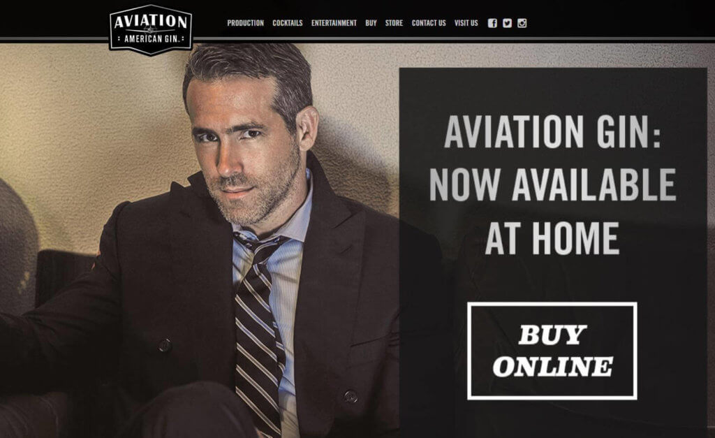 Photo of Aviation Gin website showing Ryan Reynolds