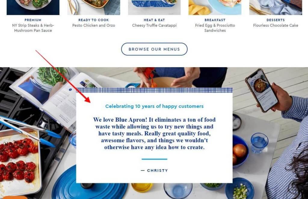 Blue Apron using social proof by posting customer reviews on website