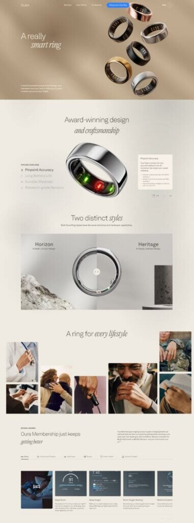 Oura ring landing page vs product page