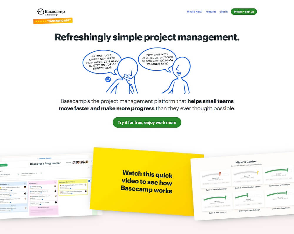 This screenshot from the Basecamp website is a good example of refreshingly simple SaaS website design.