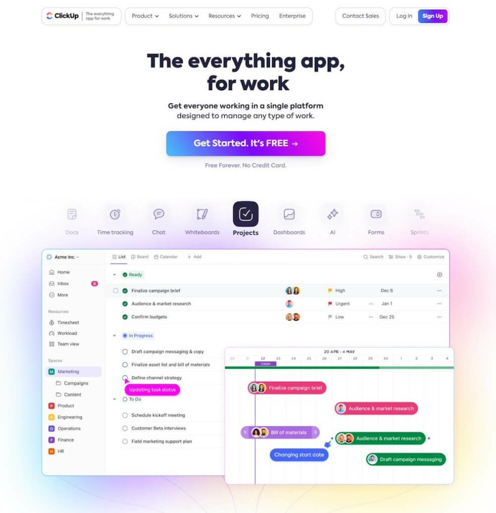 A screenshot from the product tour section of the ClickUp website as an example of great SaaS website design.