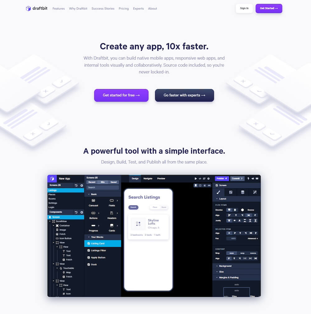 This page from Draftbit is a good example of action imagery in SaaS website design.