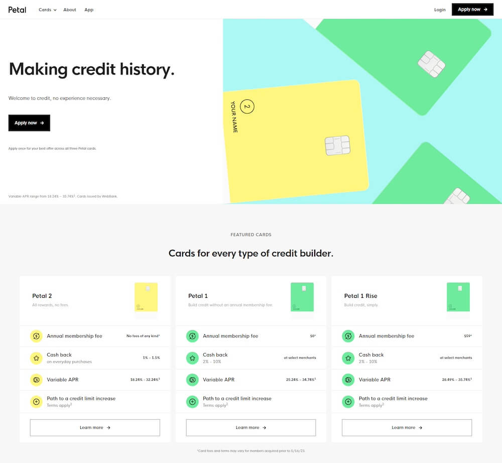 A screenshot of a page from the Petal website as an example of clear and simple SaaS website design.
