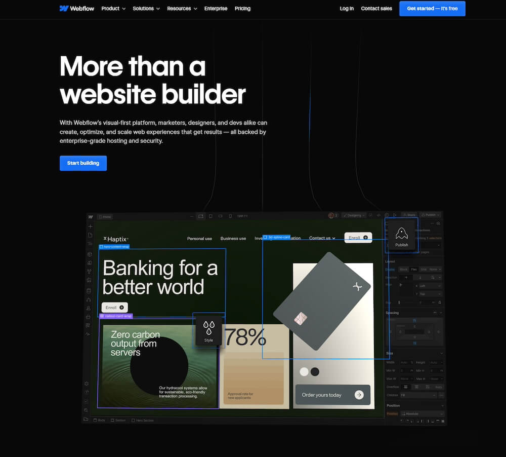 Webflow is a great example of SaaS website design focused on the brand audience.