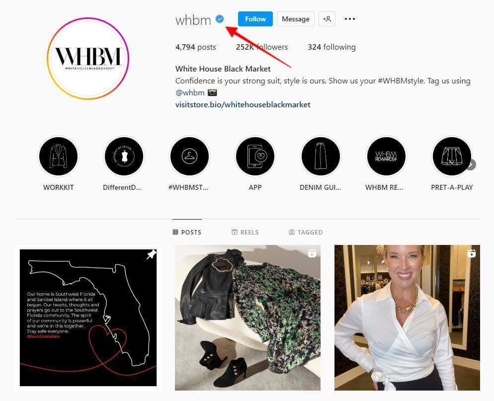 Screenshot of WHBM instagram with verification checkmark