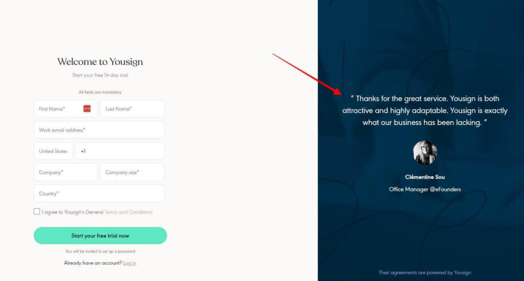 Photo of customer testimonial beside sign up sheet of YouSign