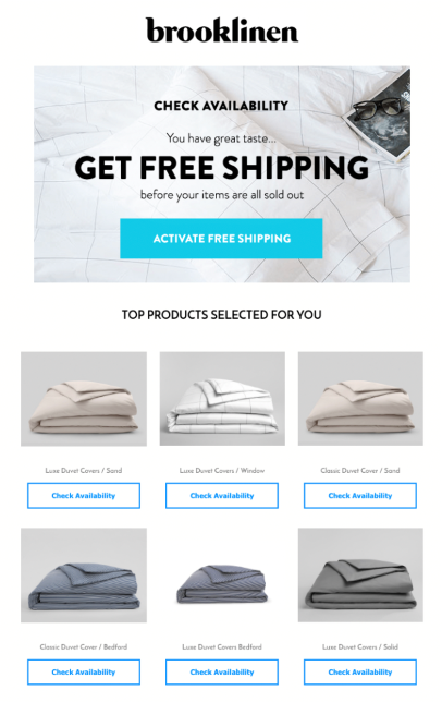 Brooklinen's winback email campaign with personalized product recommendations