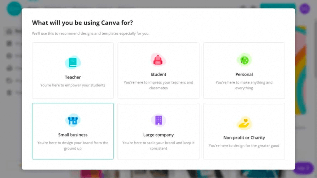 Canva onboarding question on what the app will be used for