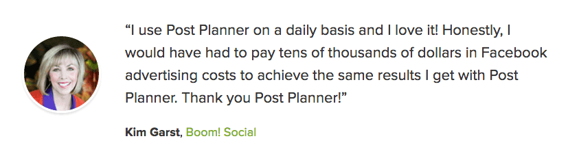 Social proof in the form of a Post Planner review from an influencer