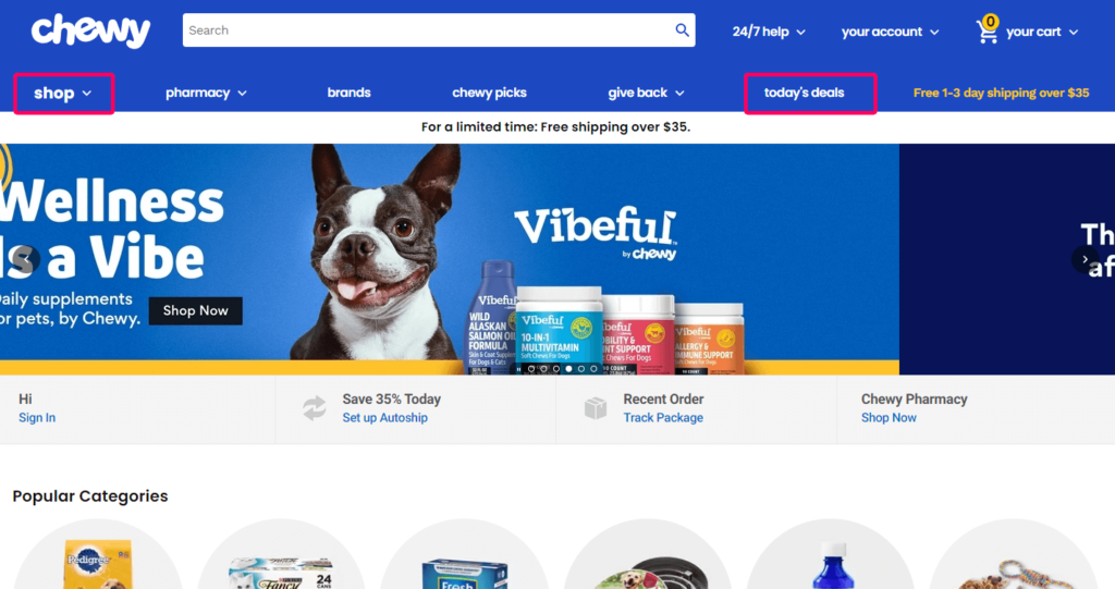 website navigation for Chewy.com wwhere they placed the most important categories on either end of the horizontal menu