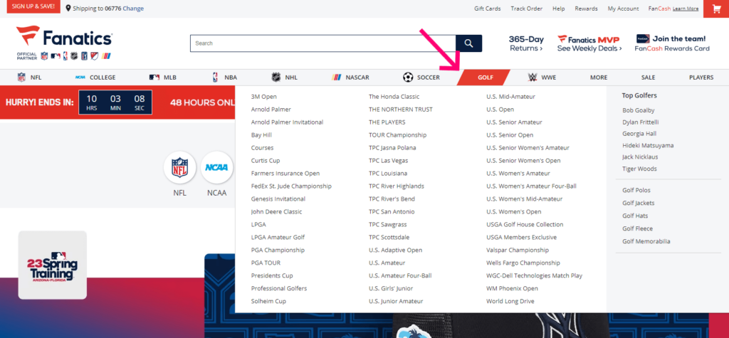 dropdown website navigation example from Fanatics website where there is a dropdown for each sports category - golf is selected in this image