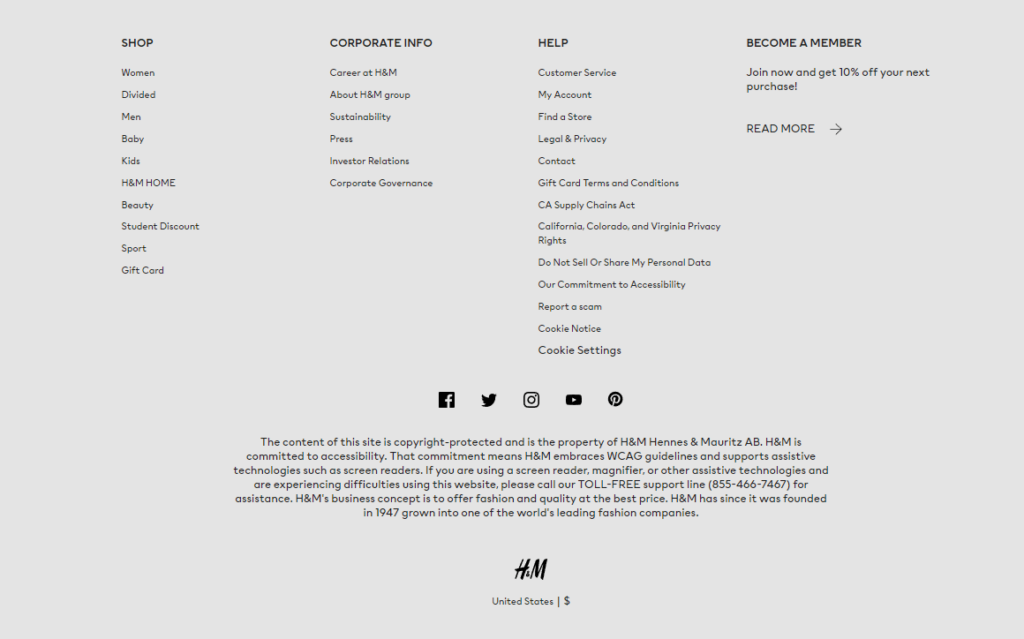 footer website navigation also being used by H&M which lists down all the important links on the site such as shpping, corporate information, help and membership
