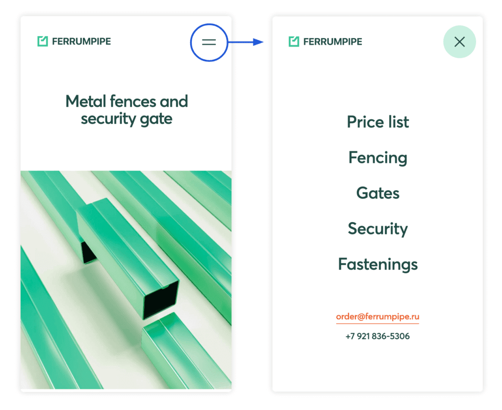 Ferrum Pipe website navigation keeping their options minimal to avoid overwhelming the customers
