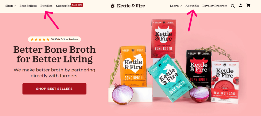 horizontal navigation of kettle & fire showing important categories such as best sellers and bundles