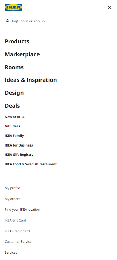 Ikea website navigation organized through the use of different font sizes