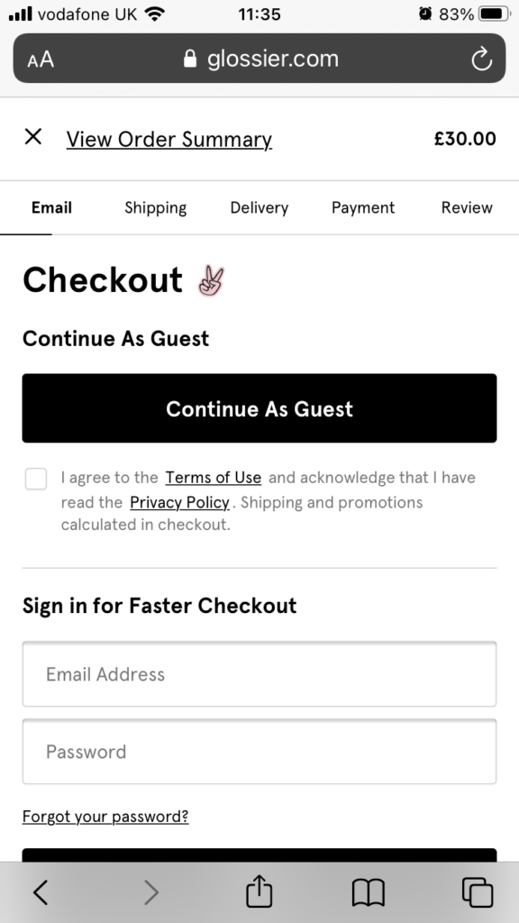glossier mobile checkout