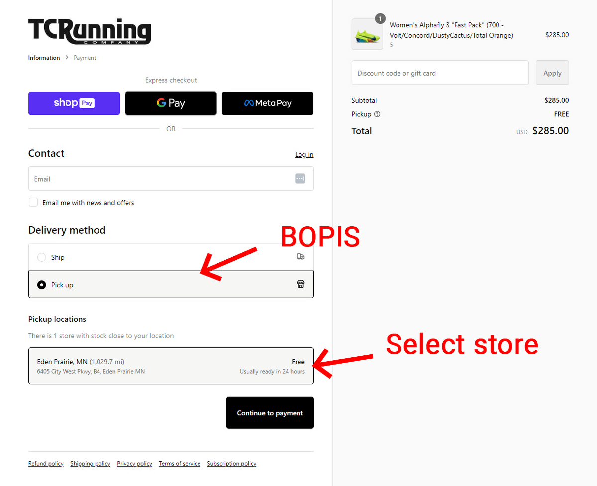 TCRunning company BOPIS option in checkout page