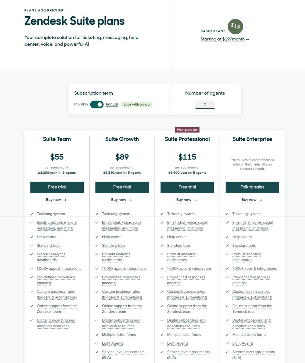 zendesk subscription pricing page