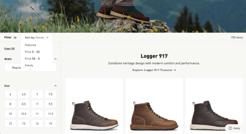 filtering options in an online shoe brand's website