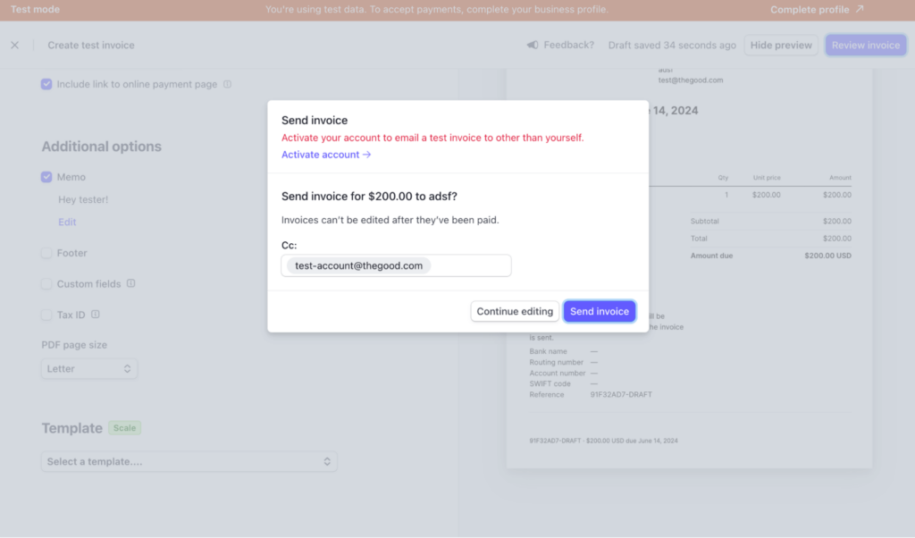 Stripe notification to activate account