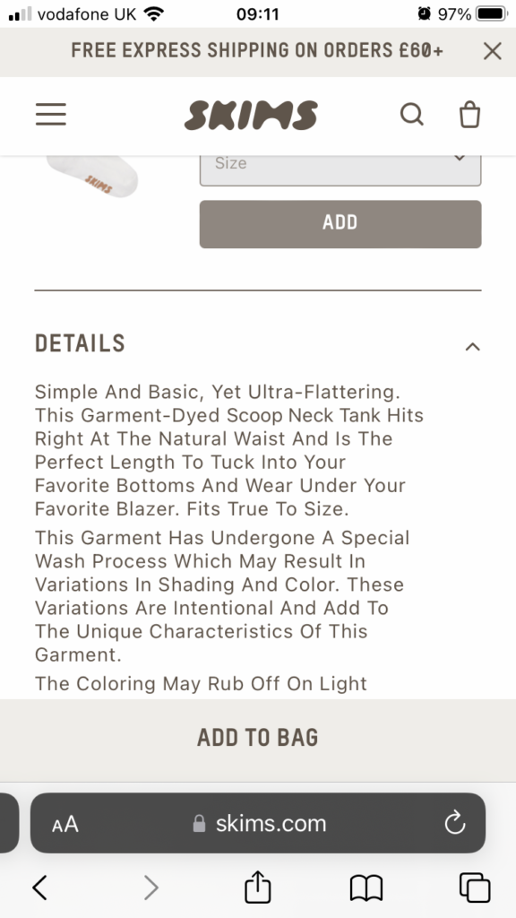 Screenshot example of the brand, Skim's "Add To Bag" button.