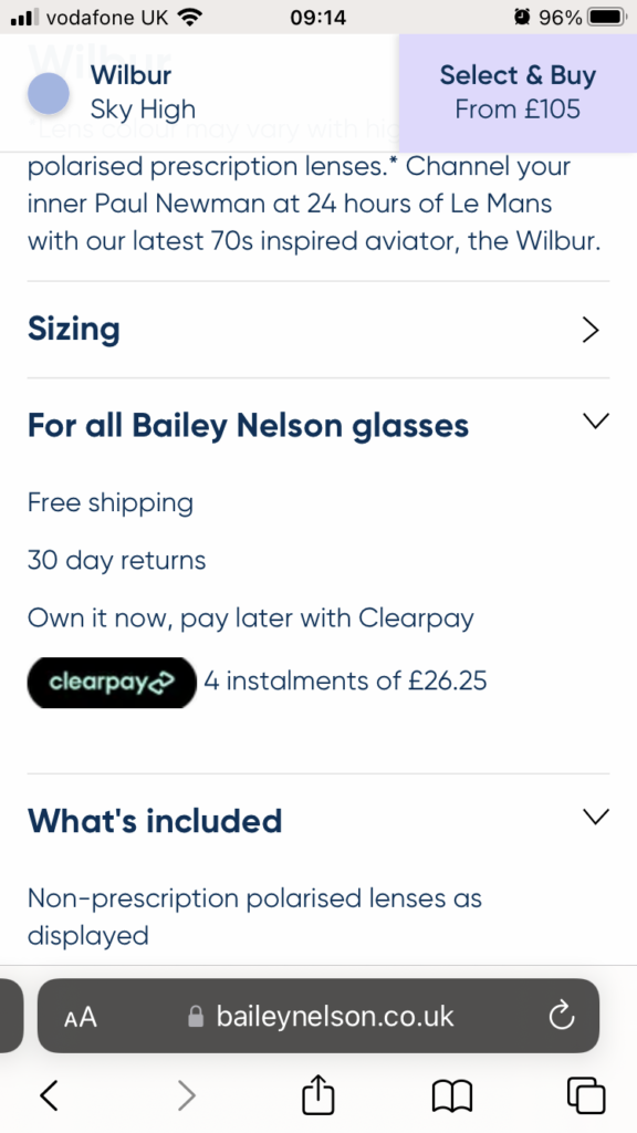 Screenshot example of the brand, Bailey Nelson's checkout button at the top of the page with a light purple "Select & Buy" button.