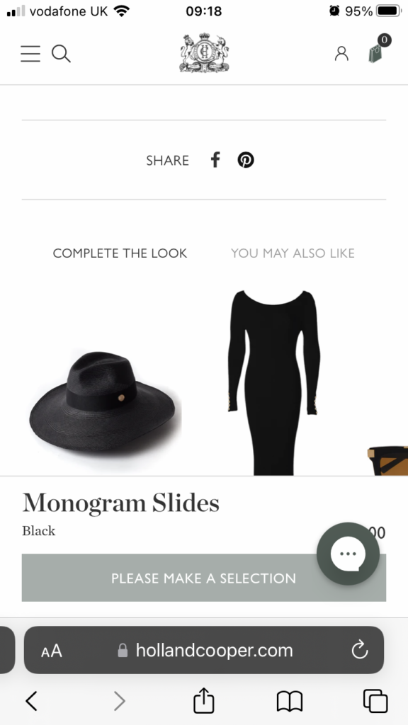 Screenshot example of the brand, Holland Cooper's light gray "Please Make a Selection" sticky bar.