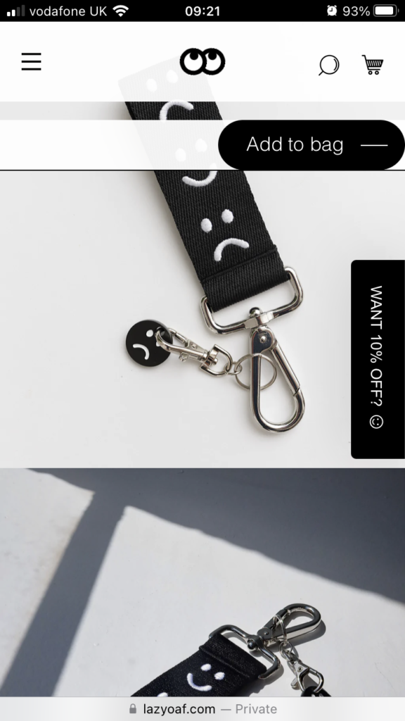 Screenshot example of the brand, Lazyoaf's "Add to bag" button design.