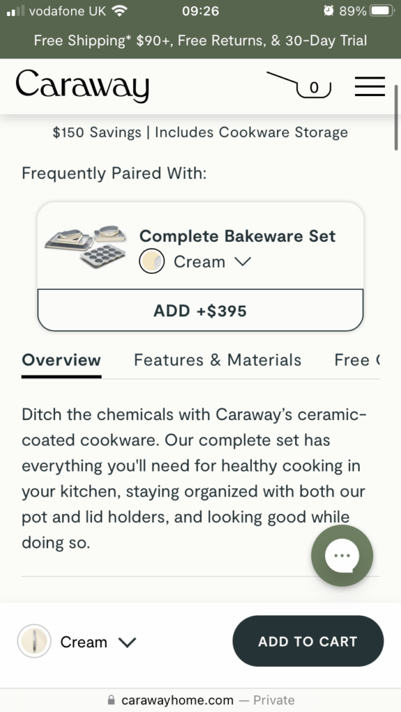 Website screenshot of Caraway's popup add to cart button for selecting product color options.
