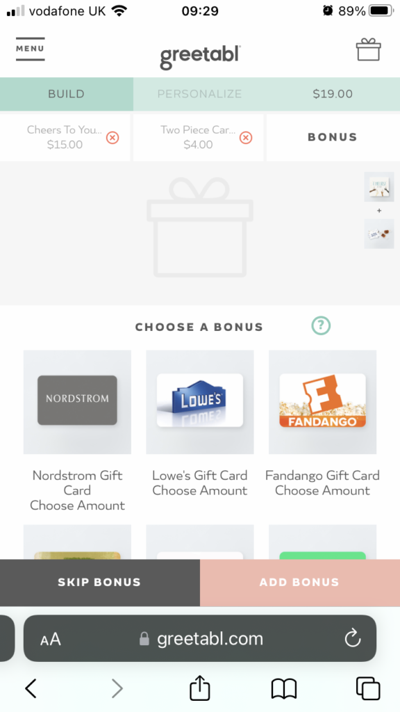 Website screenshot of Greetabl additional bonuses at checkout.