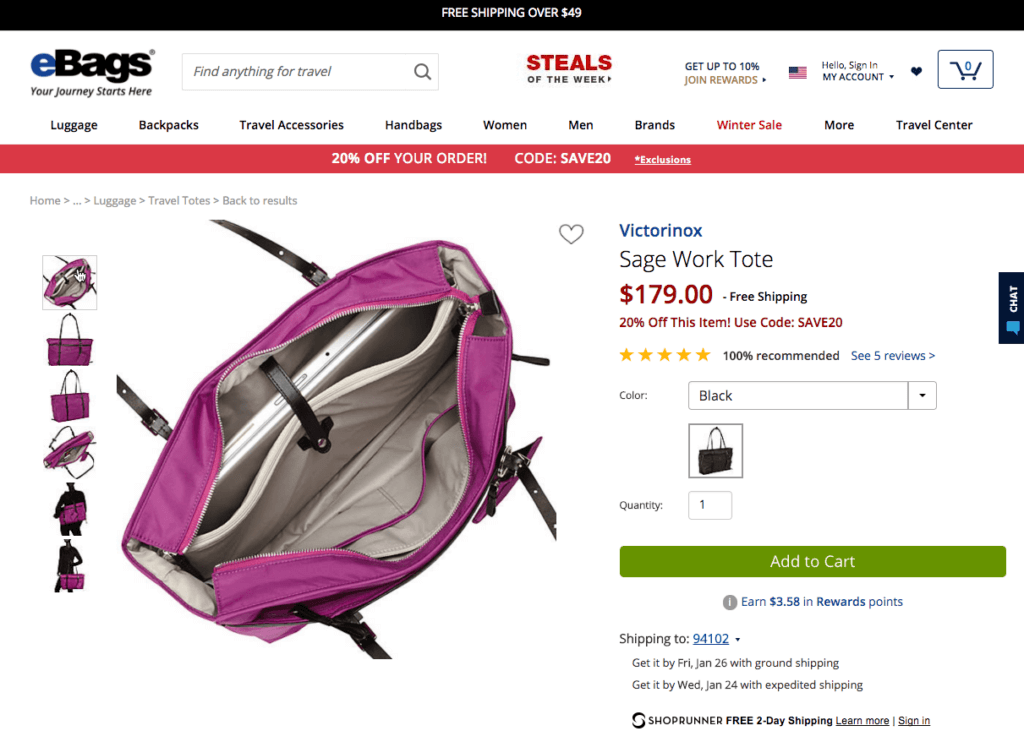 Landing Page vs Product Page: product page for a bag