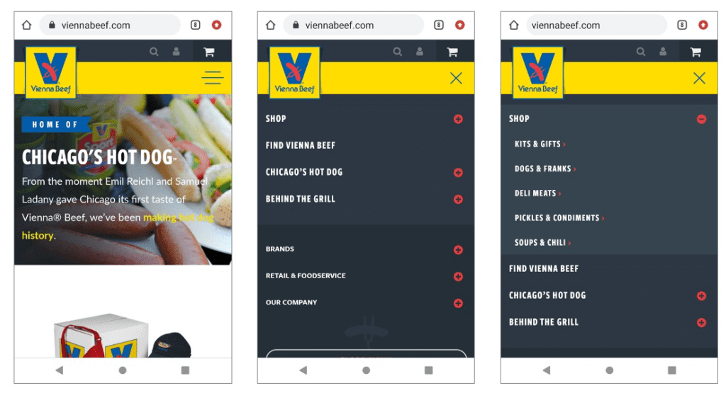 hamburger website navigation being used by Vienna Beef where the navigation expands when clicked