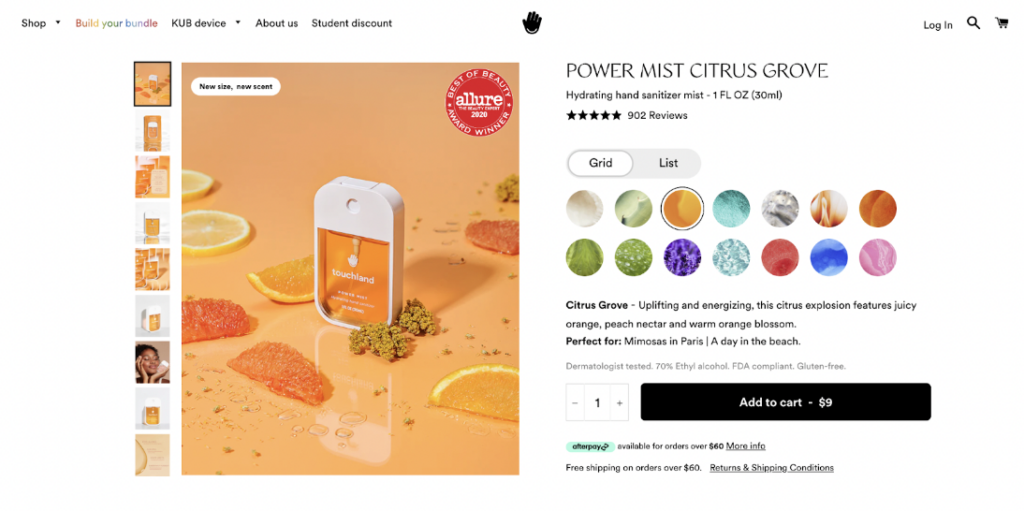 Screenshot example of Touchland's desktop version without a sticky add to cart button.