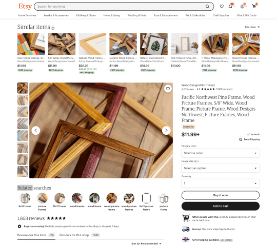 Screenshot of Etsy's wooden
picture frame and suggested similar items tab to optimize google shopping traffic