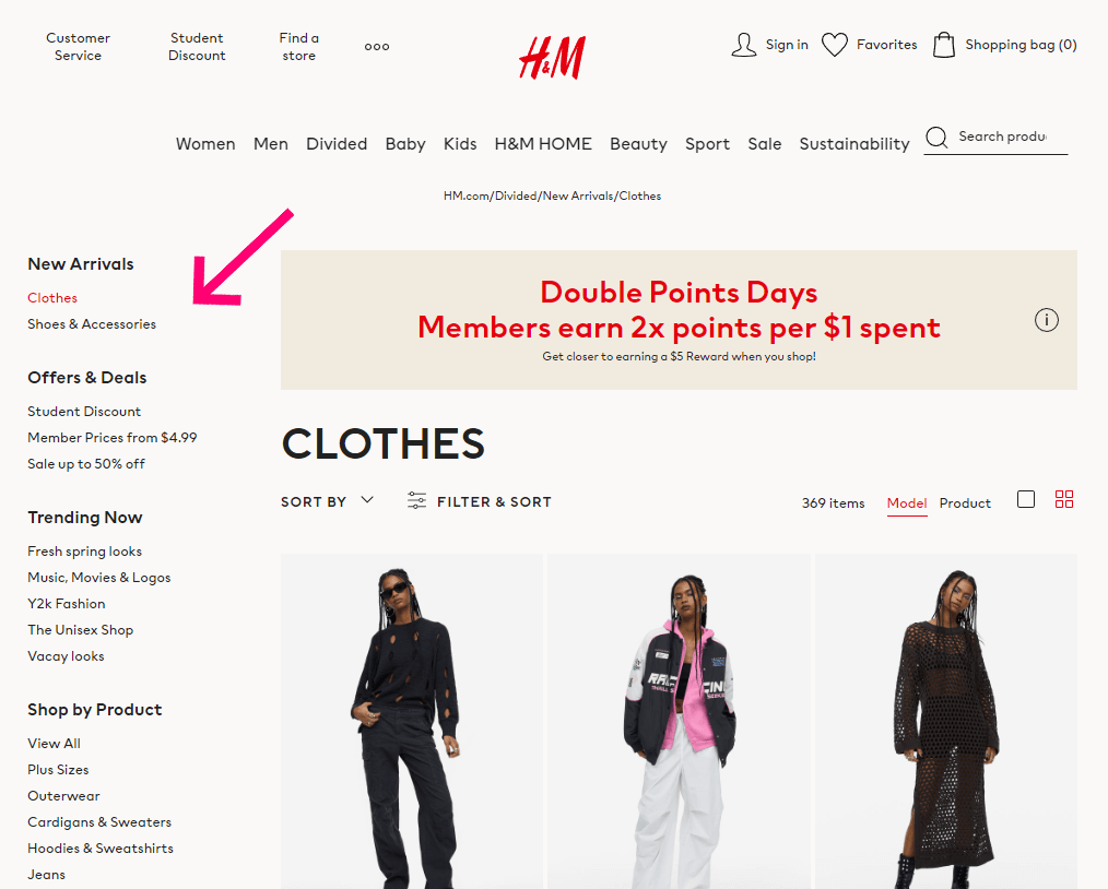 vertical sidebar navigation from H&M