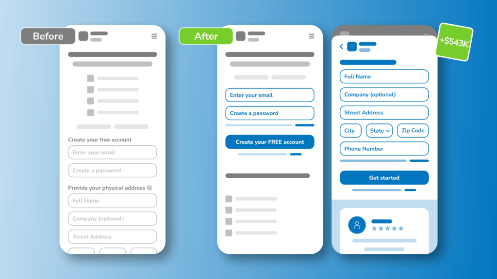 Image showing a winning test by highlighting social proof in the registration flow in a website leading to a $543K increase in revenue