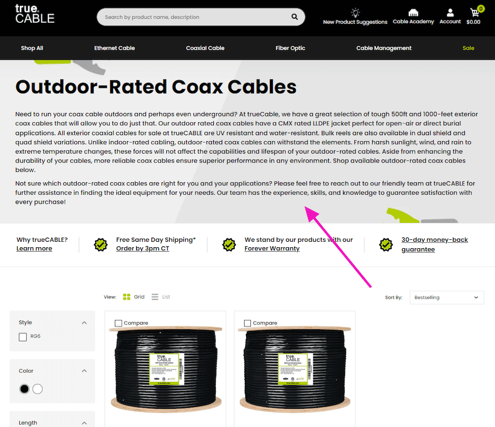 trueCABLE product page before working with The Good.
