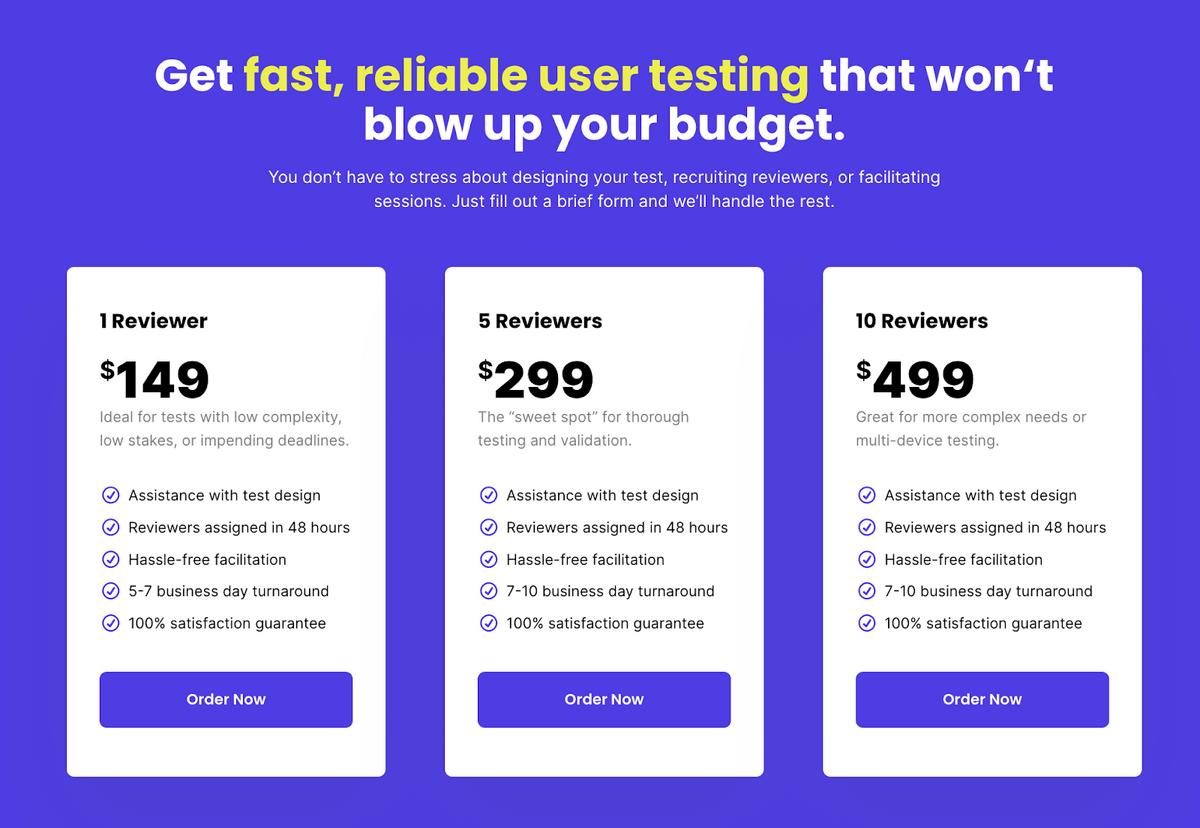 pricing page for UserInput showing the different offers tailored to the needs of customers