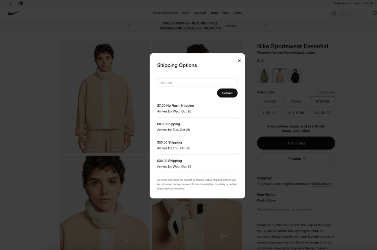 Multiple shipping options on the Nike page allow customers to choose the delivery dates they want and the corresponding fee for shipping