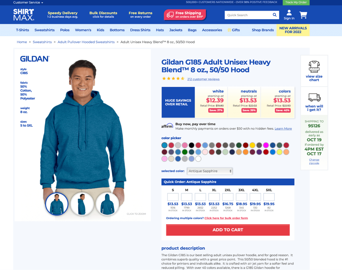 Shirt Max website showing estimated delivery date depending the time the order is placed