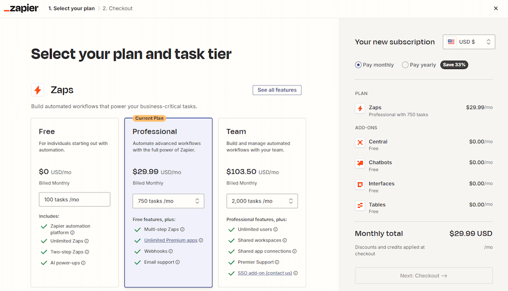 The different Zapier freemium and paid pricing plan options.