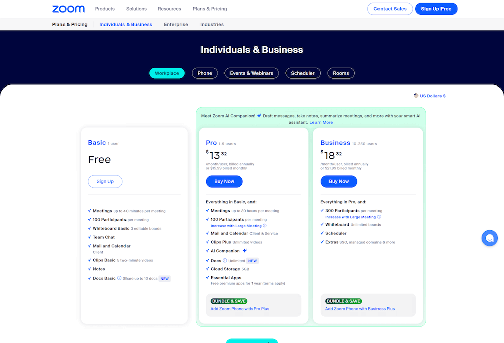 An example of the types of freemium pricing options Zoom offers.